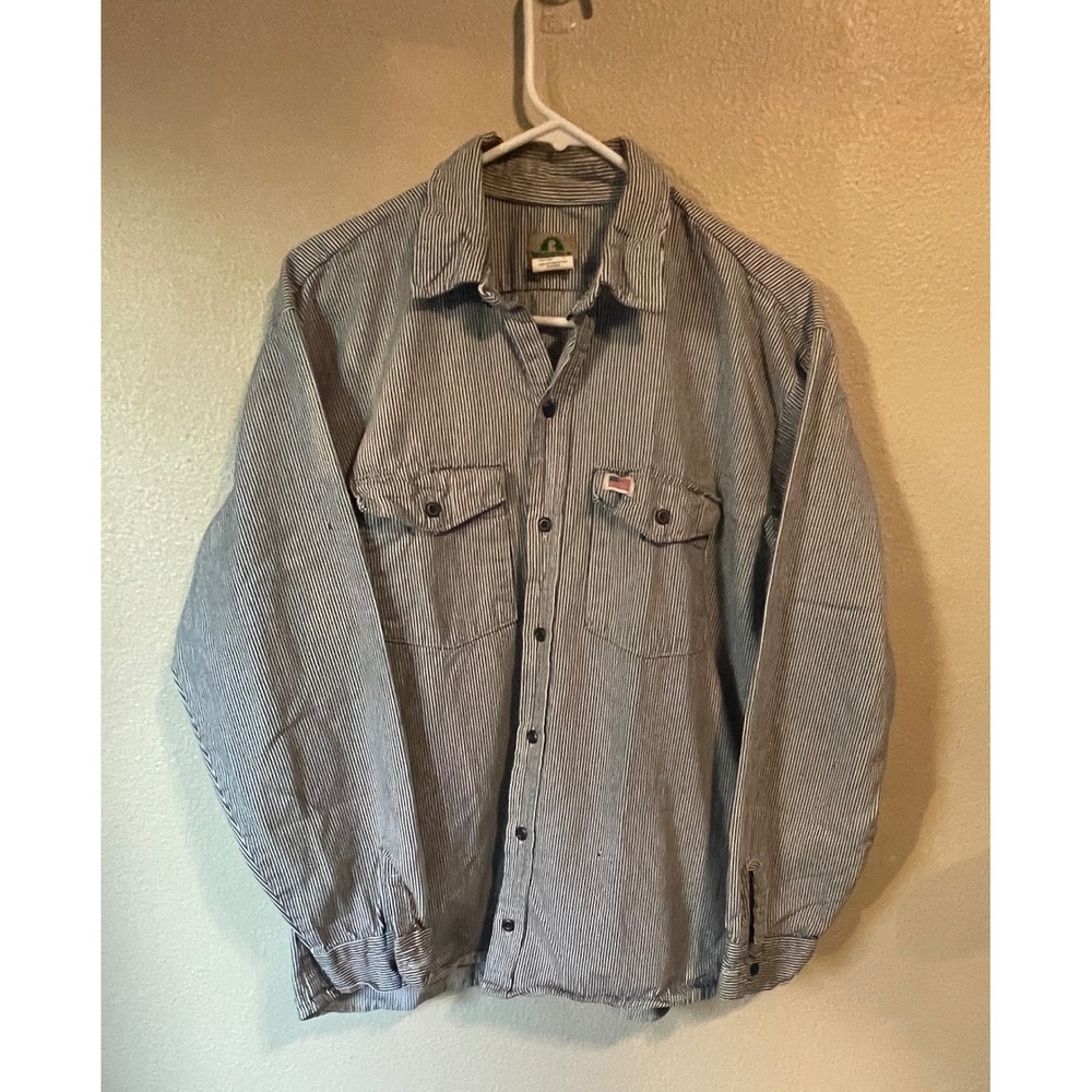 Vtg Whistle Workgear Striped Work Shirt USA Flag Patch Mens Blue White L